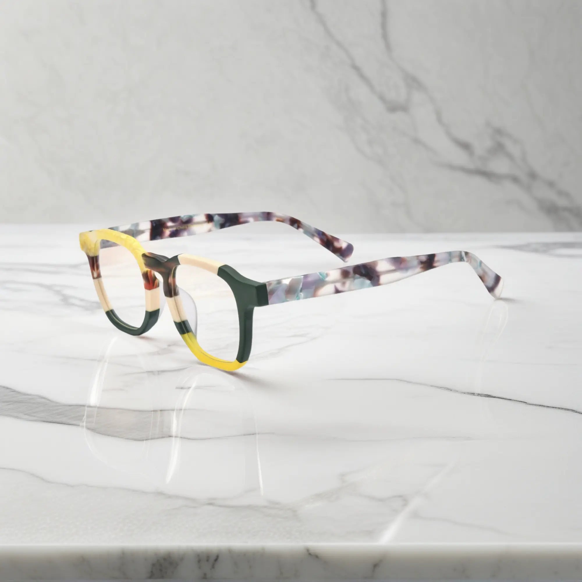 Side view of VoyueLens™ VL19358 Citrus Fade square-glasses, highlighting the acetate temple design and sleek profile.